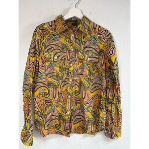 Lauren Ralph Lauren Womens Yellow Paisley Button-Up Shirt Medium Cotton Pockets